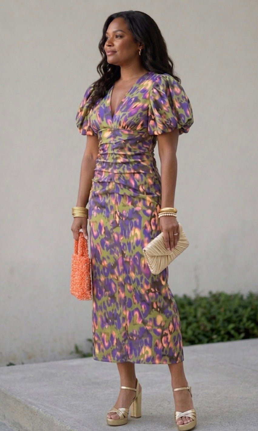Loren Dress With Puff Sleeves, Printed V-Neck Midi Dress