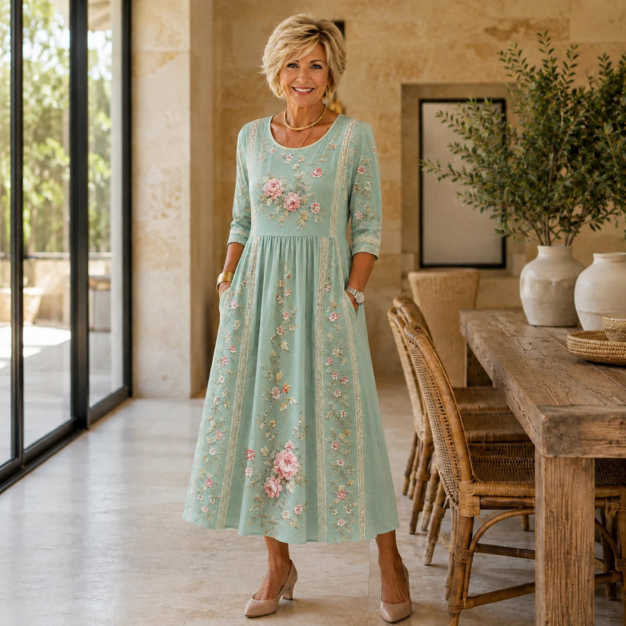 Seraphine Rose Garden Grace Midi Dress, Floral Three-Quarter Sleeve Midi Dress with Pockets