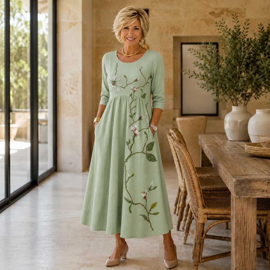 Aurelie Bloom Sage Midi Dress with Pockets