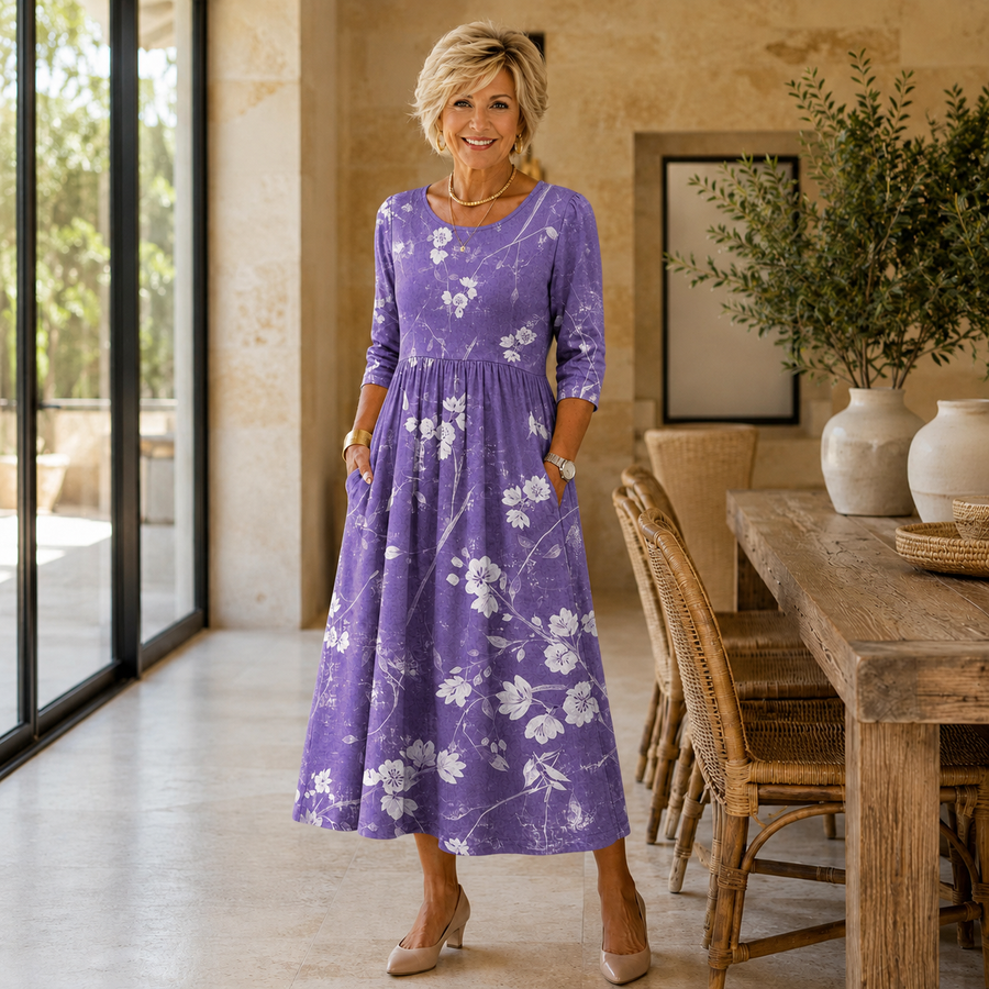 Bettina Bloom Comfort Pocket Midi Dress, Floral Three-Quarter Sleeve Dress