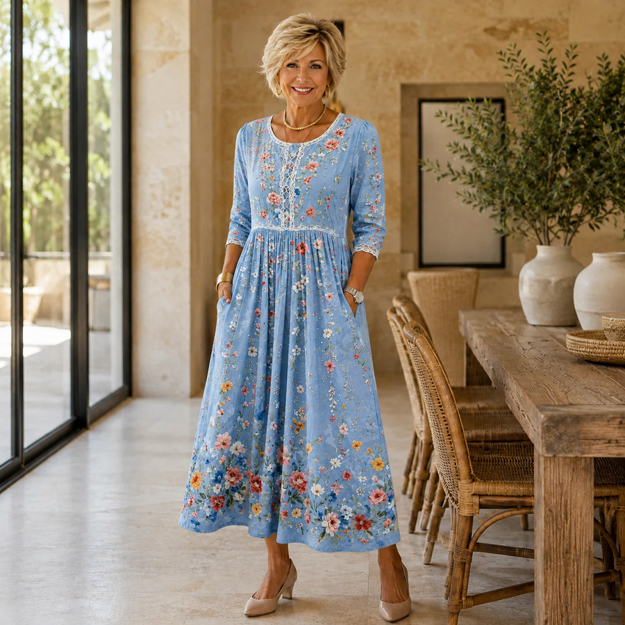 Briony Blossom Garden Floral Midi Dress with Pockets