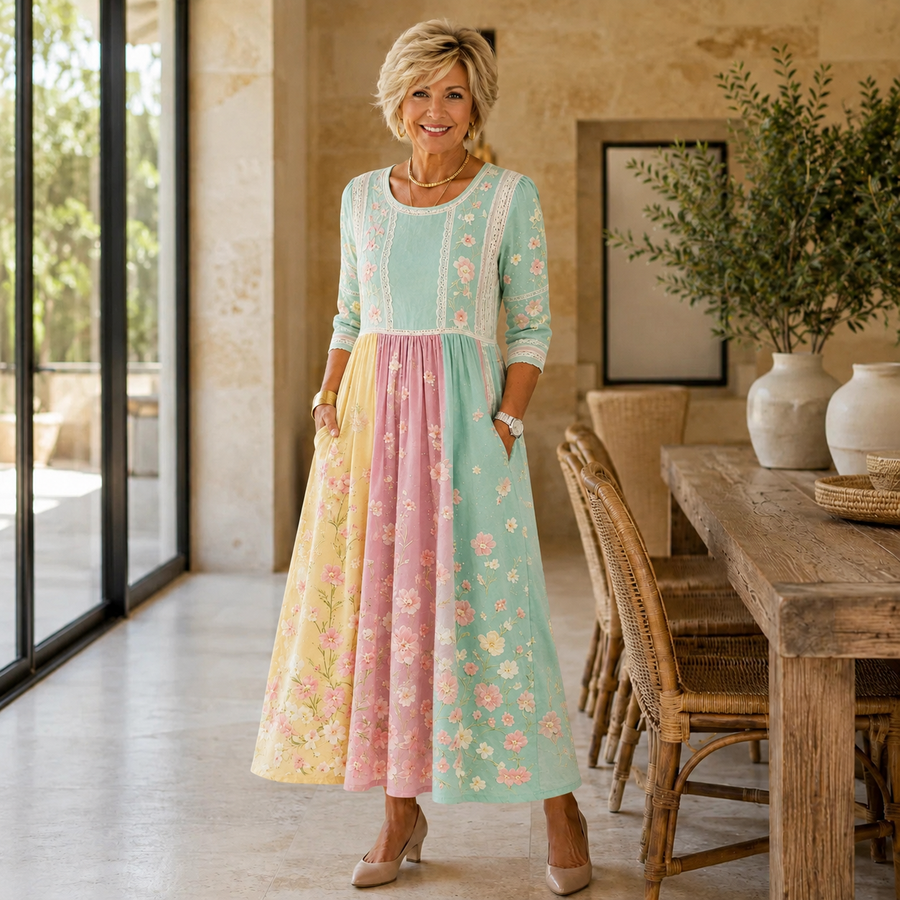 Evangeline Blossom Patchwork Pocket Midi Dress