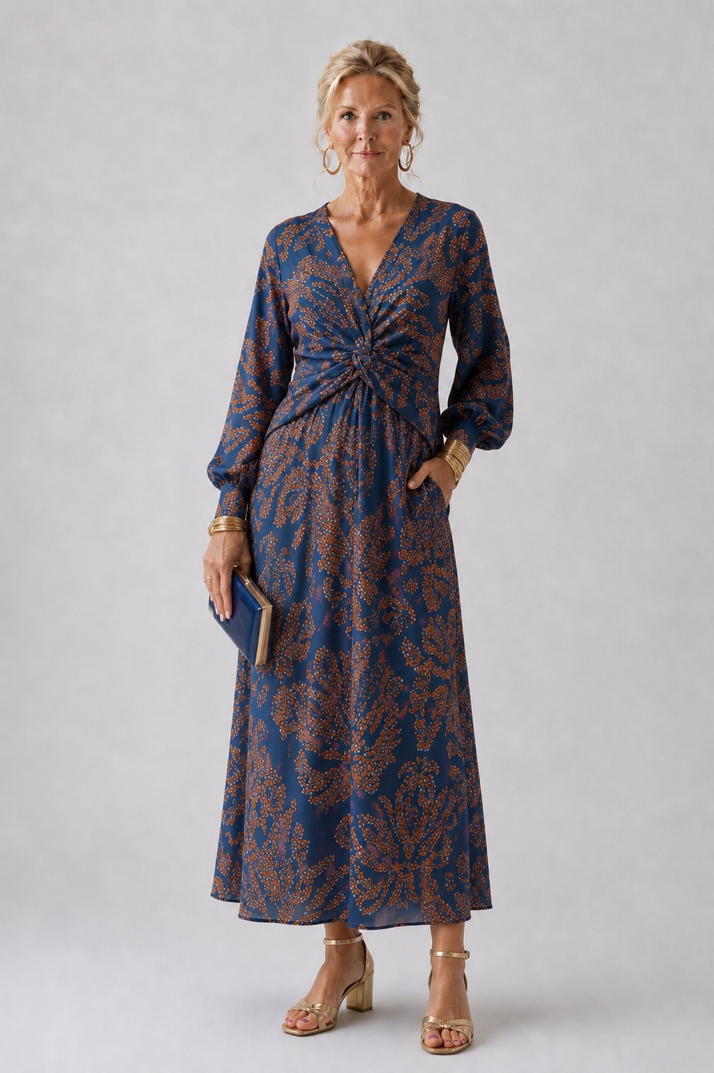 Dineke Floral Print Dress with Twist Front and Long Sleeves