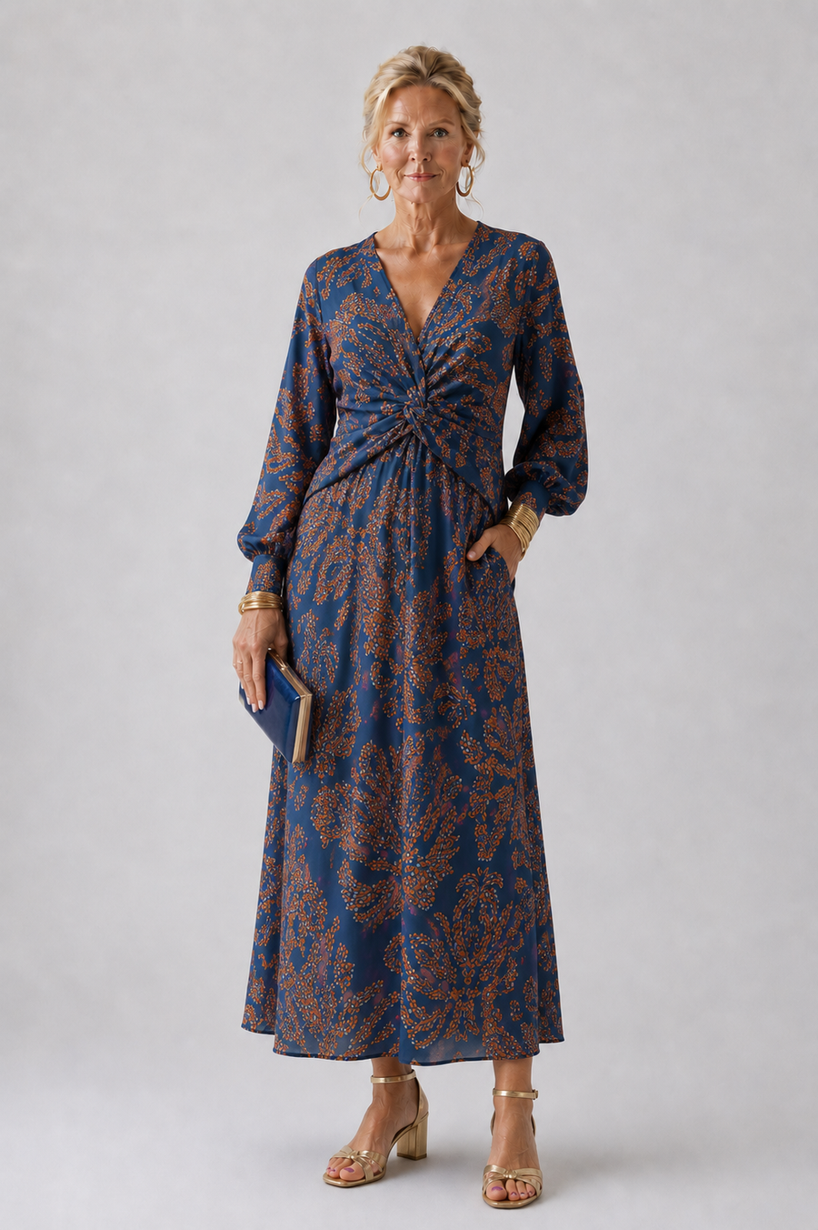 Dineke Floral Print Dress with Twist Front and Long Sleeves