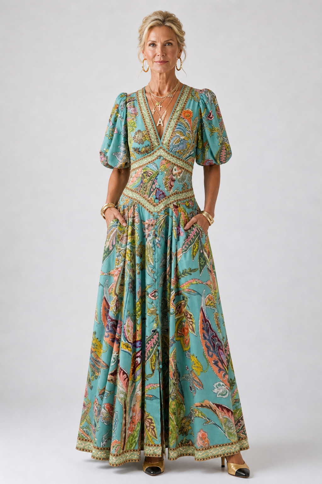 Amelia Airy Maxi Dress With Puff Sleeves And V-Neck