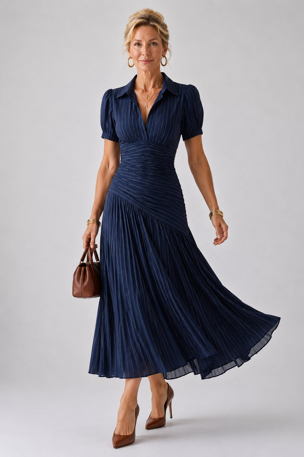 Theodora Pleated Waistline Stripe Midi Dress