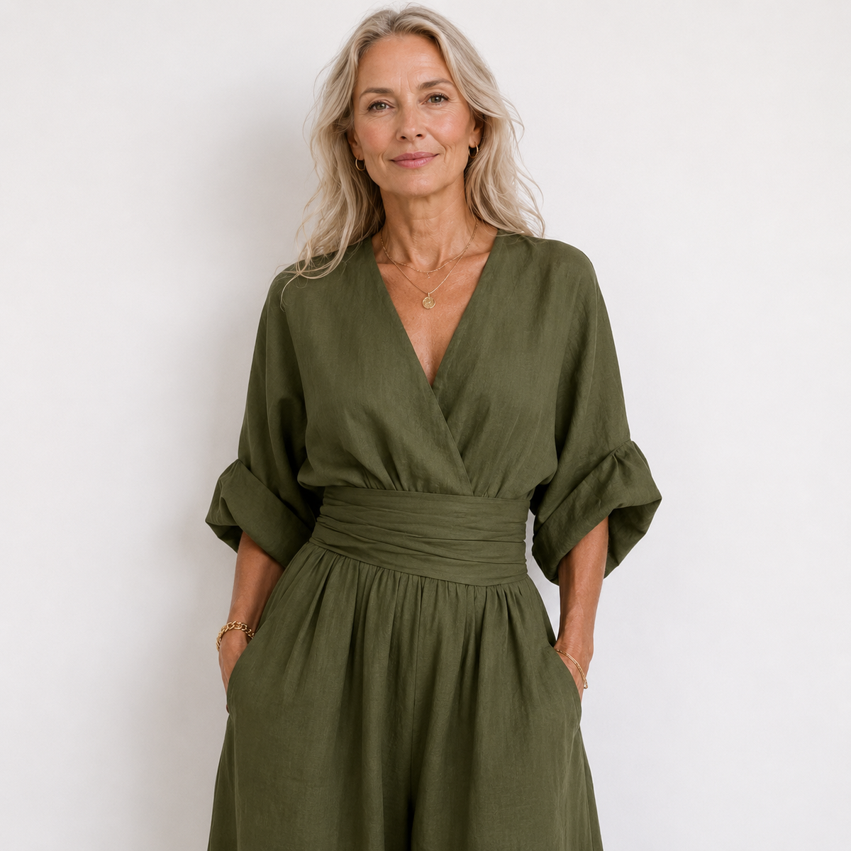 Elodie wide-leg linen jumpsuit in army green
