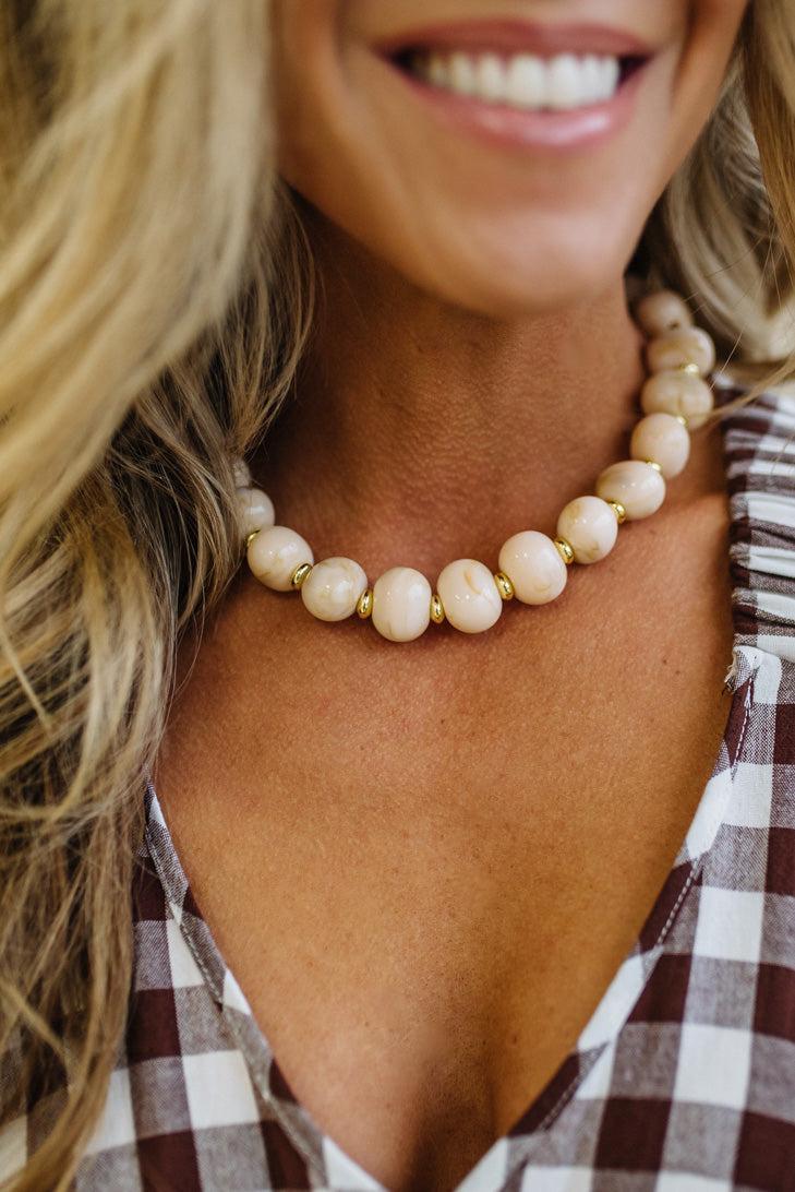 Poppy Chunky Bead Necklace in Off White, styled