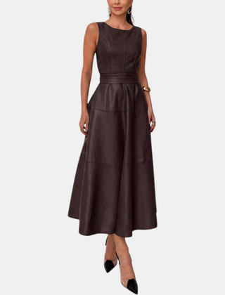 Belted faux leather A line midi dress in coffee