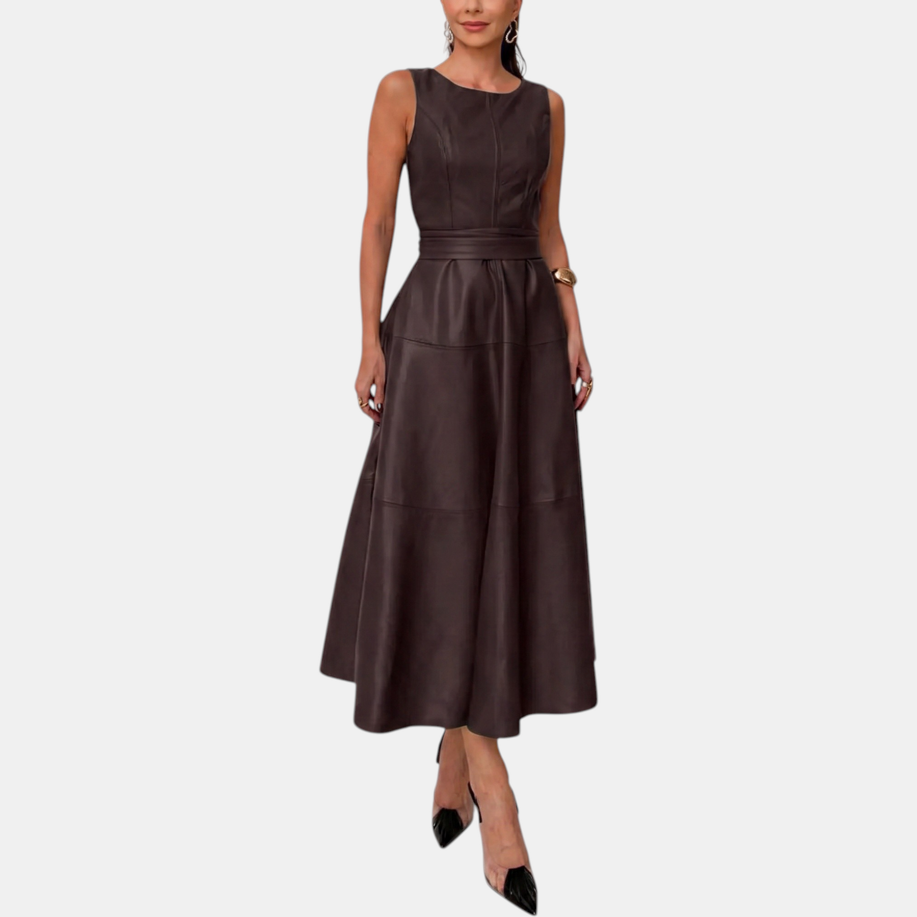 Belted faux leather A line midi dress in coffee