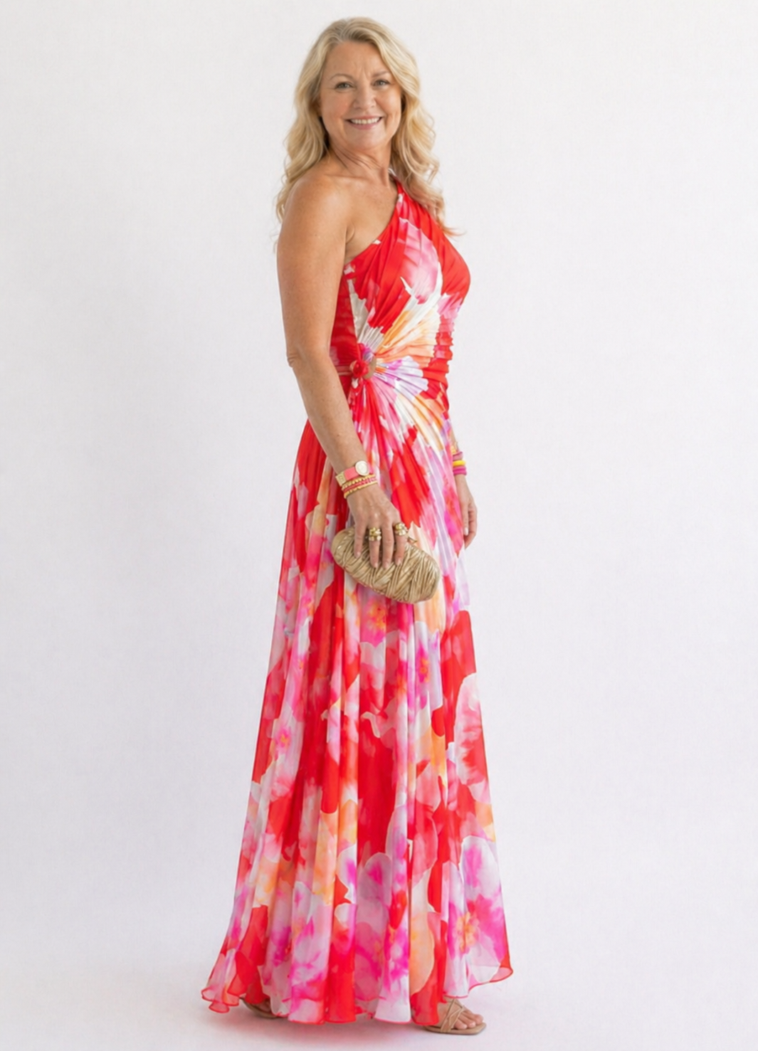 Celeste Vibrant Tropical Evening Dress with One-Shoulder Neckline