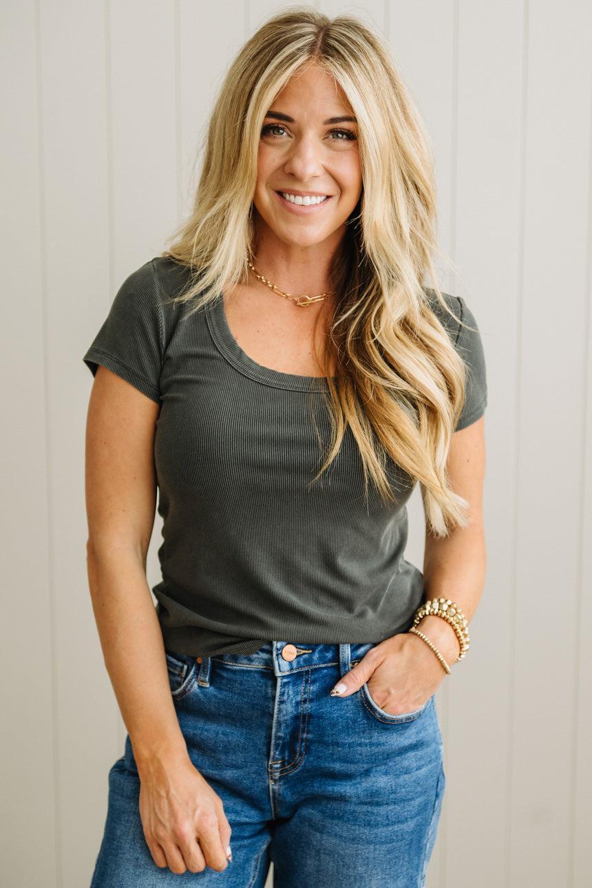 Etta scoop neck ribbed tee in charcoal