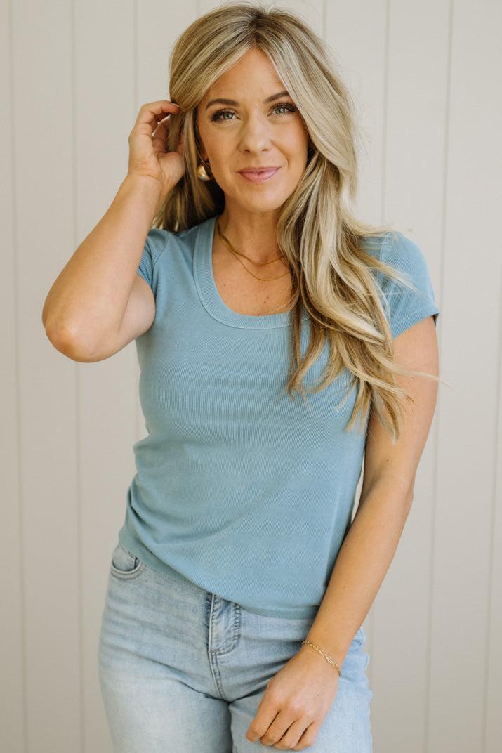 Etta scoop neck ribbed tee in teal
