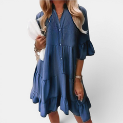 Dark blue washed denim A-line midi dress