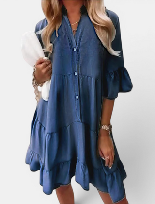 Dark blue washed denim A-line midi dress