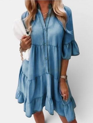 Denim blue washed denim A-line midi dress