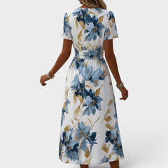Elara Floral Wrap Waist Midi Dress with Gold Accents