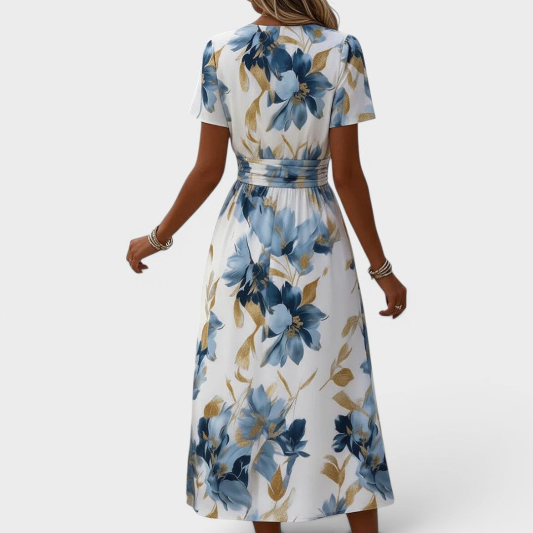 Elara Floral Wrap Waist Midi Dress with Gold Accents