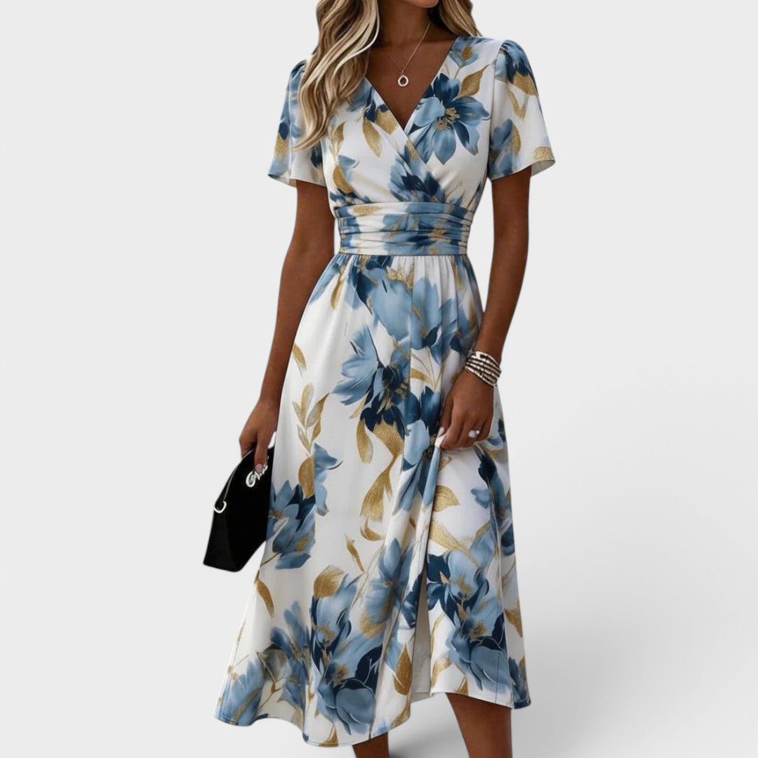 Elara Floral Wrap Waist Midi Dress with Gold Accents