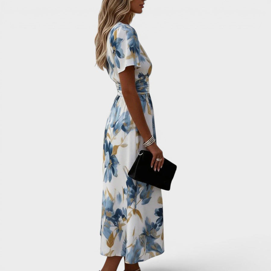 Elara Floral Wrap Waist Midi Dress with Gold Accents