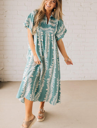 Odette printed smocked midi dress in dust mint