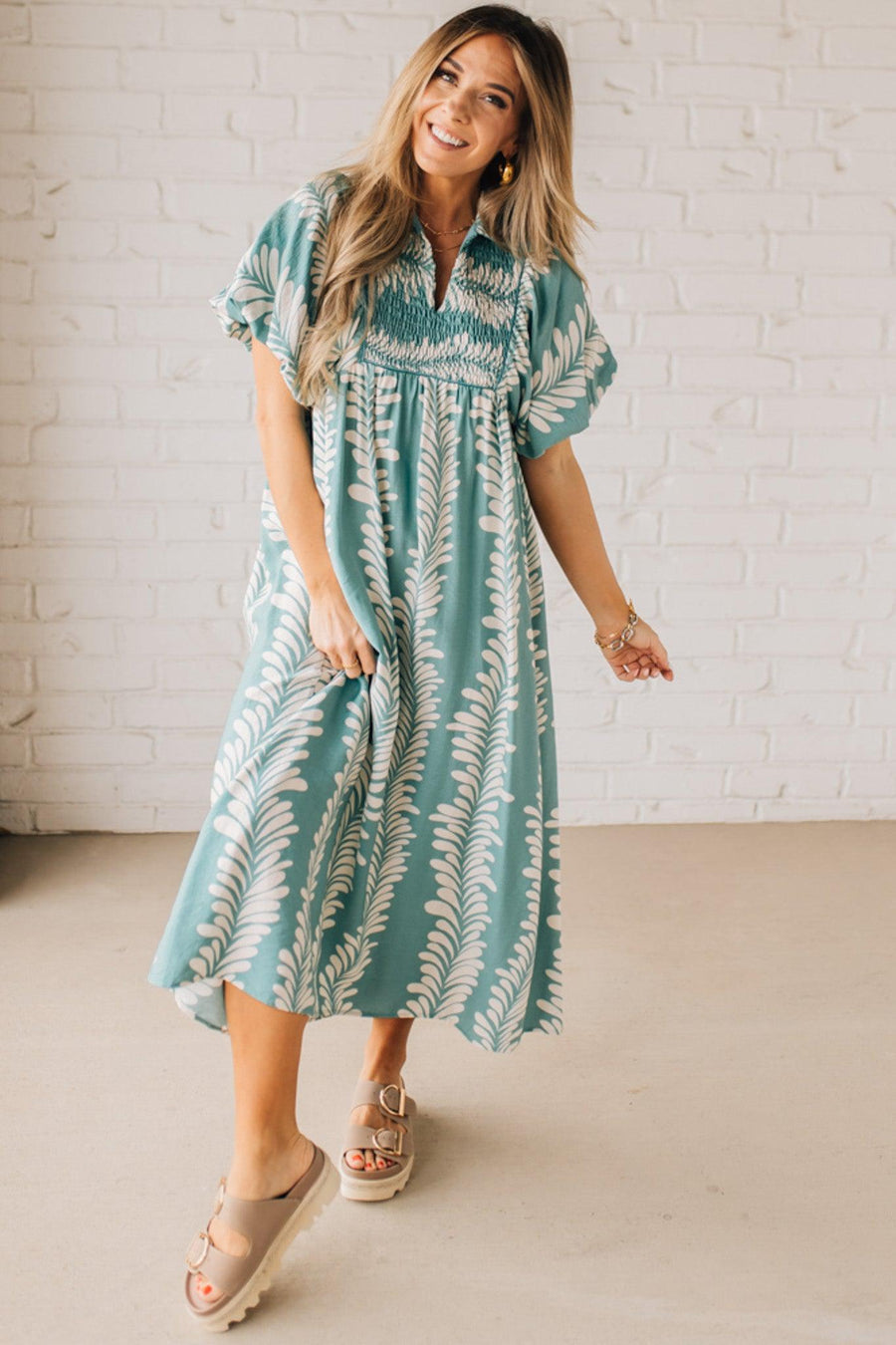 Odette printed smocked midi dress in dust mint