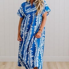 Odette printed smocked midi dress in bright blue