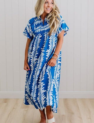 Odette printed smocked midi dress in bright blue