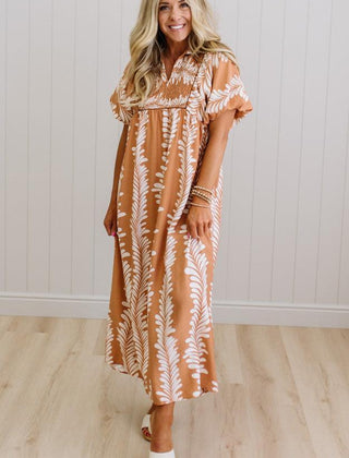 Odette printed smocked midi dress in clay