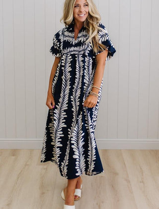 Odette printed smocked midi dress in navy