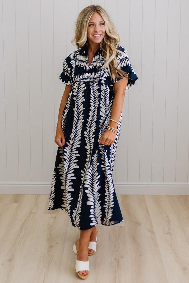 Odette printed smocked midi dress in navy