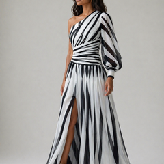 Shiloh Elegant Striped Maxi Dress With One Shoulder