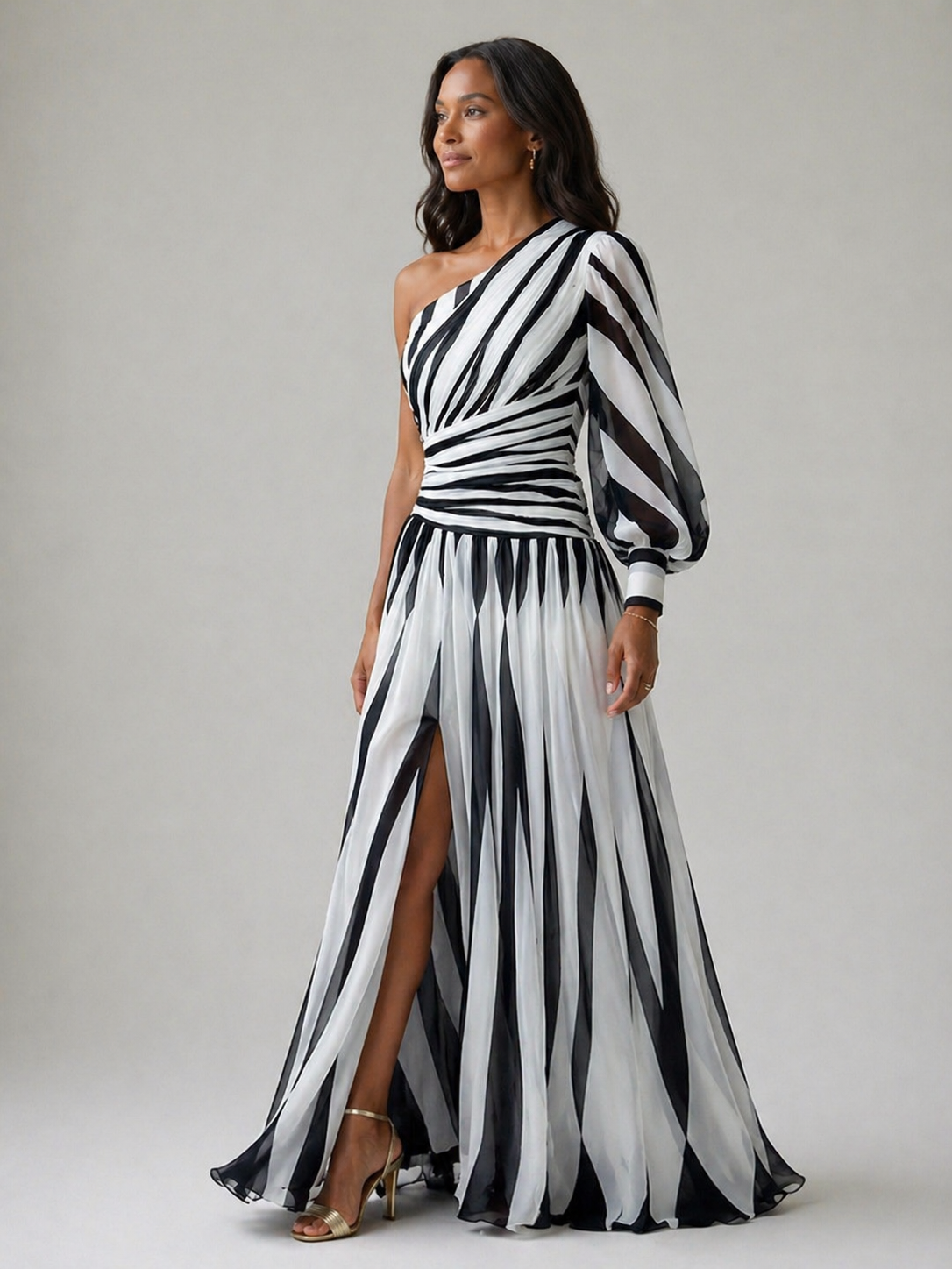 Shiloh Elegant Striped Maxi Dress With One Shoulder