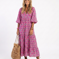 Hermione Three Quarter Sleeve V Neck Patterned Midi Dress