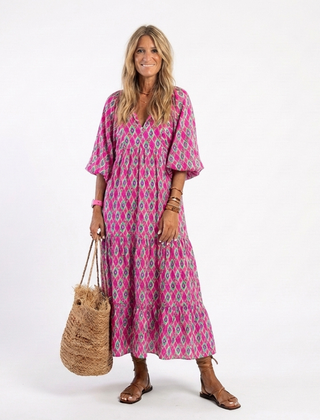 Hermione Three Quarter Sleeve V Neck Patterned Midi Dress