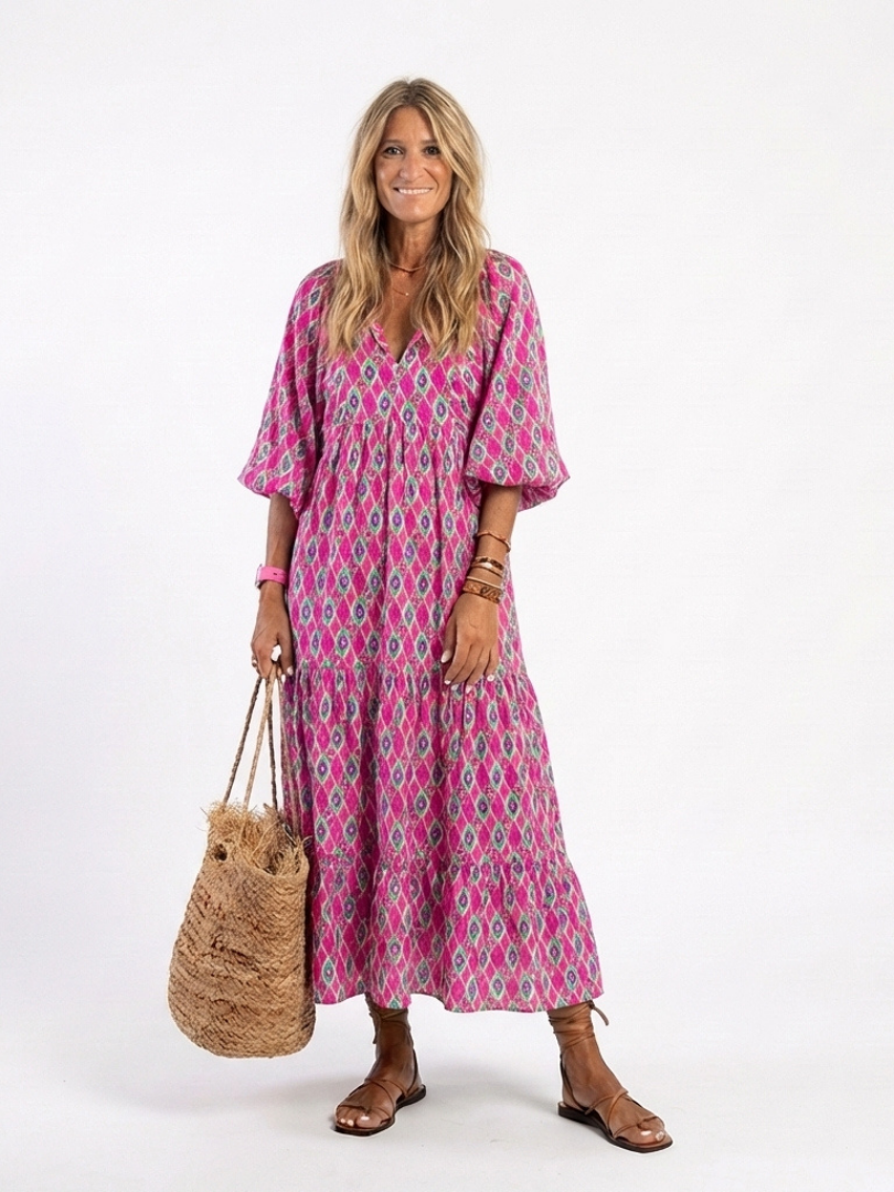 Hermione Three Quarter Sleeve V Neck Patterned Midi Dress
