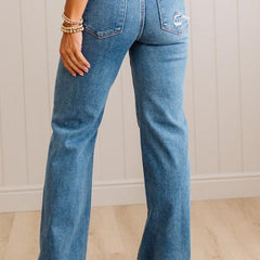 Eleanor High Rise Frayed Hem Jeans in Medium Wash, back view