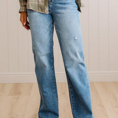 Eleanor High Rise Frayed Hem Jeans in Medium Wash, full length