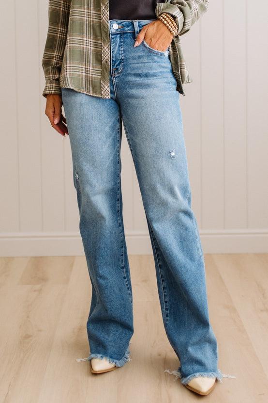 Eleanor High Rise Frayed Hem Jeans in Medium Wash, full length