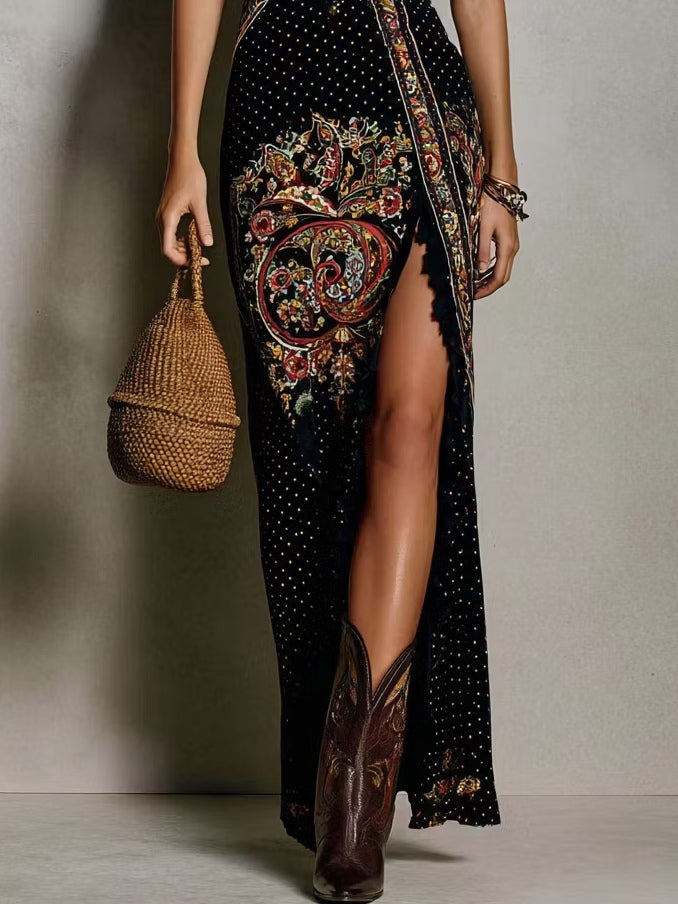 Ava Bohemian Printed Dress | Deep V-Neck Maxi Dress with High Slit