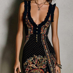 Ava Bohemian Printed Dress | Deep V-Neck Maxi Dress with High Slit