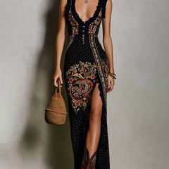 Ava Bohemian Printed Dress | Deep V-Neck Maxi Dress with High Slit
