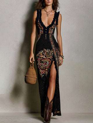 Ava Bohemian Printed Dress | Deep V-Neck Maxi Dress with High Slit