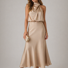 Estella Draped Dress with High Neckline
