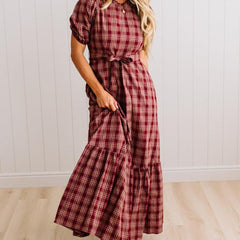 Foster plaid maxi dress Cherry Wood, front