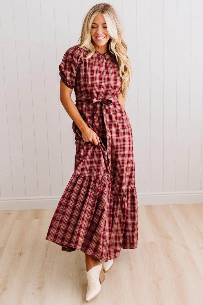 Foster plaid maxi dress Cherry Wood, front