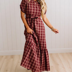Foster plaid maxi dress Cherry Wood, detail