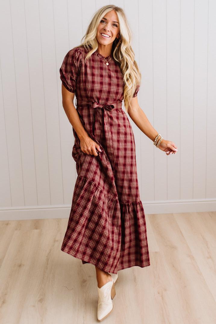 Foster plaid maxi dress Cherry Wood, detail