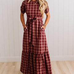 Foster plaid tie front maxi dress in Cherry Wood