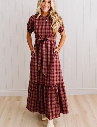 Foster plaid tie front maxi dress in Cherry Wood
